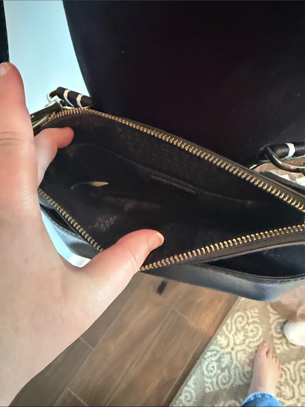 kate spade Black Pebbled Leather Crossbody with Striped Strap and Coin Pouch